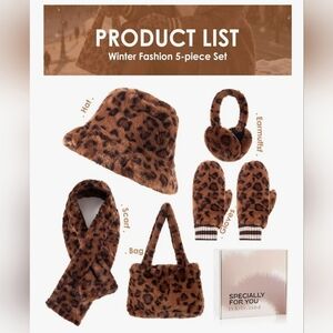 Leopard‎ Print Faux Fur Hat & Accessory Set - Brown